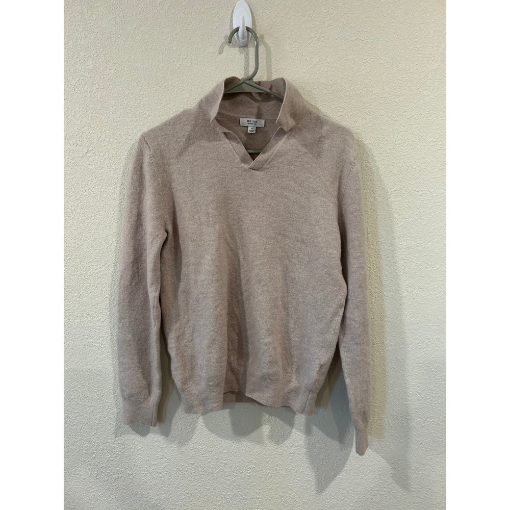 REISS Swifts 100% Merino Wool V Neck Collar Sweater Beige Size M